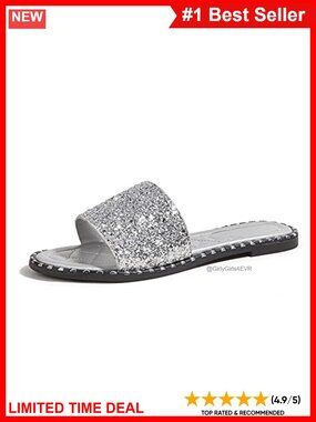 Women's Rhinestone Glitter Flat Slide Sandals Faux Leather Open Toe Casual